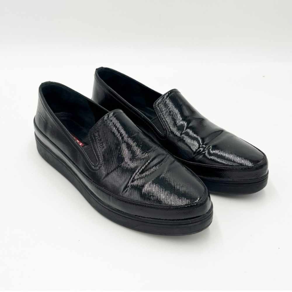 Prada Linea Rossa Patent Saffiano Skate Sneaker, Black